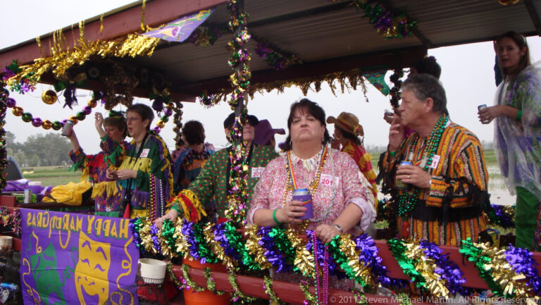 Costumed Mardi Gras participants gather beneath a canopy decorated with beads and streamers.