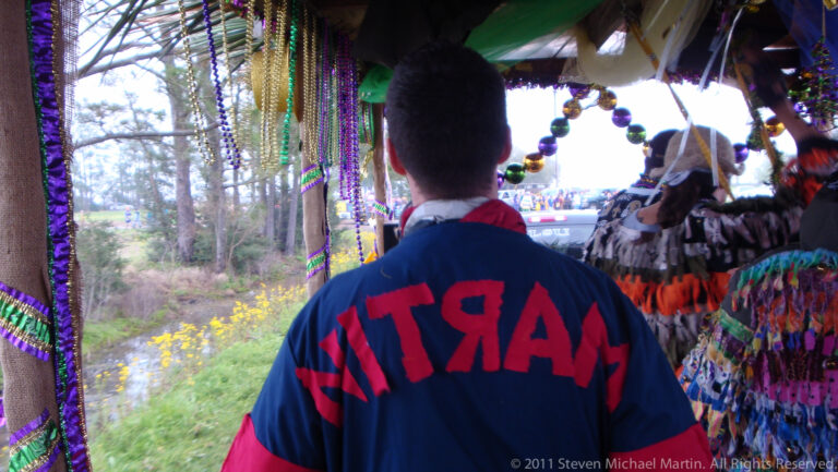 A man in a blue shirt looks out from a decorated trailer toward costumed participants.