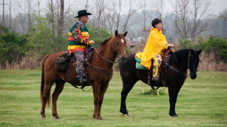 Two riders in colorful clothing sit on brown and black horses in a pasture.