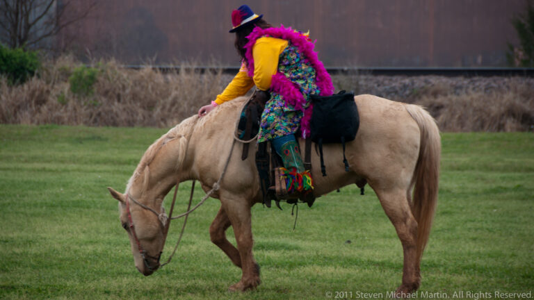 A rider in a purple feathered costume sits on a pale horse as it grazes beside a freight train.