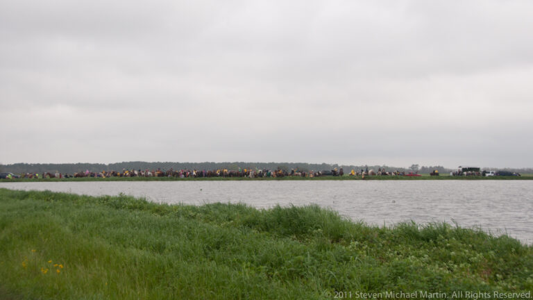 A thin line of Mardi Gras participants crosses the far levee beyond a broad expanse of water and grass.