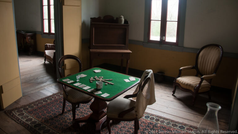 A card-covered green table sits among wooden chairs, a patterned rug, and cabinets.