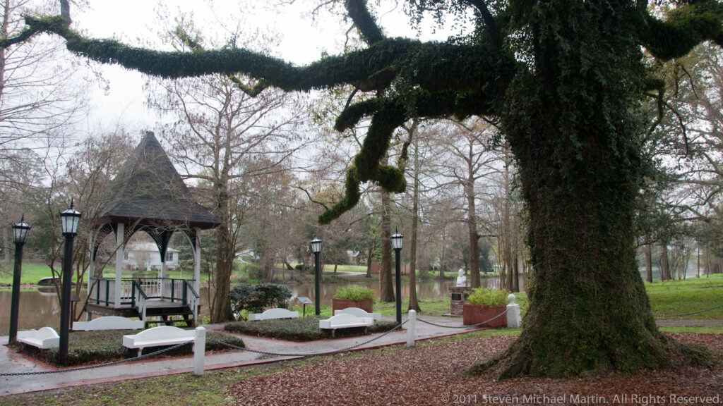 A massive live oak shades a gazebo, white benches, lampposts, and a curving path.