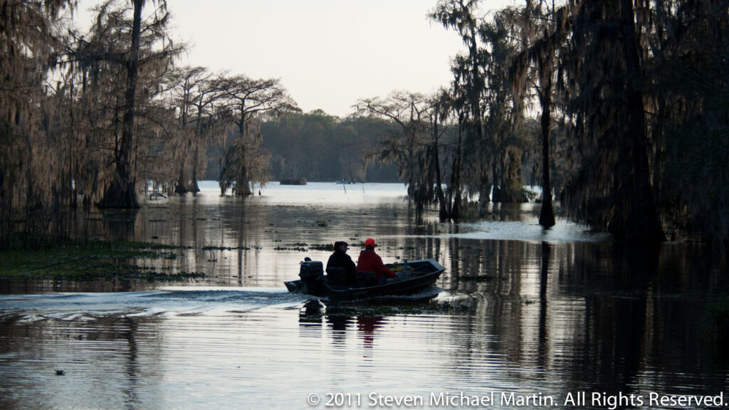 Two passengers ride in a small boat along a cypress-lined channel, leaving a wake across the water.