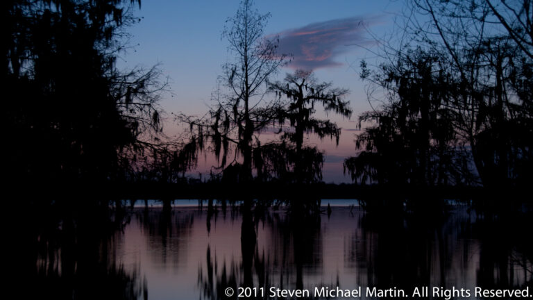 Spanish moss hangs from silhouetted cypress trees above water reflecting a pink and blue sunset.