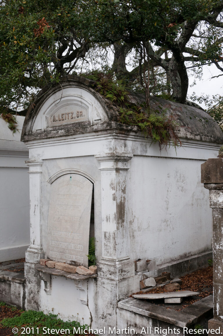 A white above-ground tomb with an arched “A. Leitz, Sr.” inscription stands beneath a spreading tree.