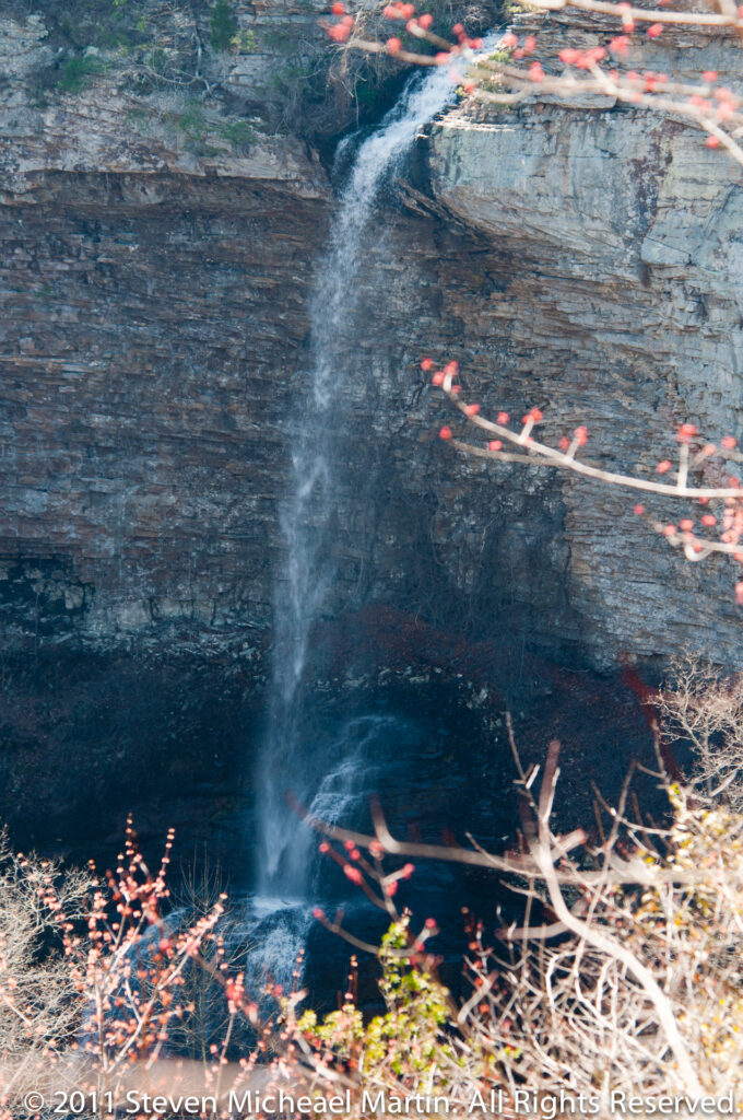 A thin cascade falls from a rock ledge into a shaded pool edged with bare branches and leaves.