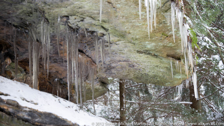 Long icicles hang from a sandstone ledge above a snowy wooded slope.