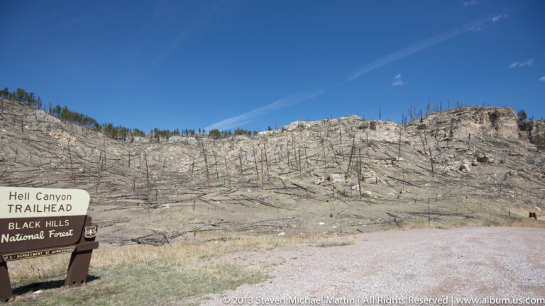 A Hell Canyon Trailhead sign stands beside a burned hillside with bare trunks and surviving trees.