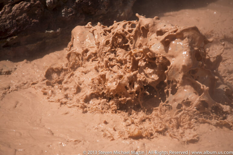 Brown boiling mud folds into glossy ridges around a small geothermal vent.