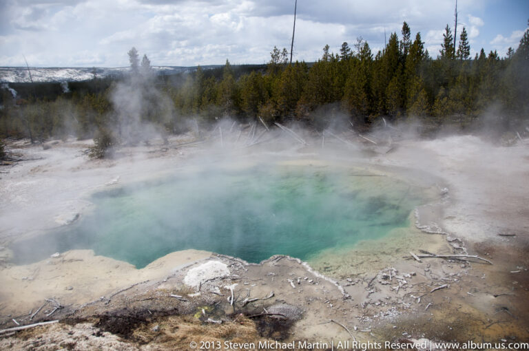 Steam drifts above a turquoise pool edged by pale mineral crust, with conifers behind it.