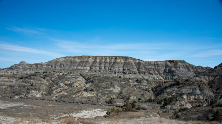 A broad, layered badlands escarpment rises beyond a shallow valley of sparse shrubs.