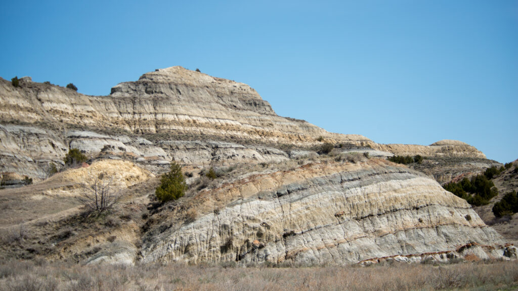 A flat-topped, banded butte rises above sparse grass and shrubs beneath a clear sky.