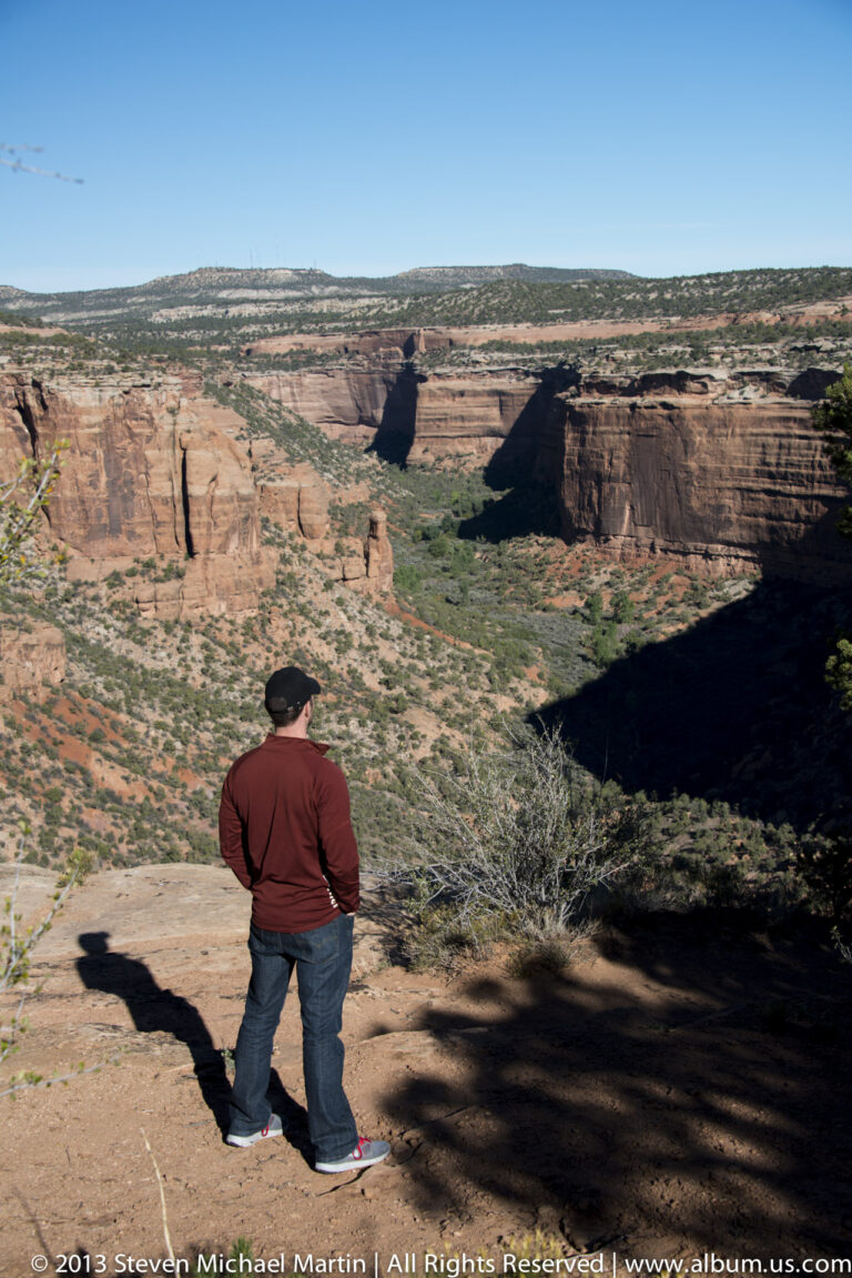 A visitor seen from behind looks across a canyon toward layered cliffs and distant mesas.