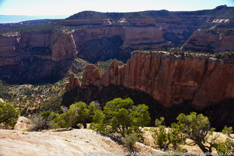 Red-rock cliffs overlook a wooded canyon, with a pale ledge and scattered trees in the foreground.