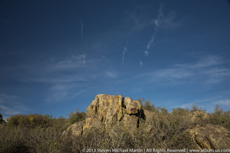 A lichen-mottled boulder stands among low shrubs and scattered stones beneath a deep blue sky.