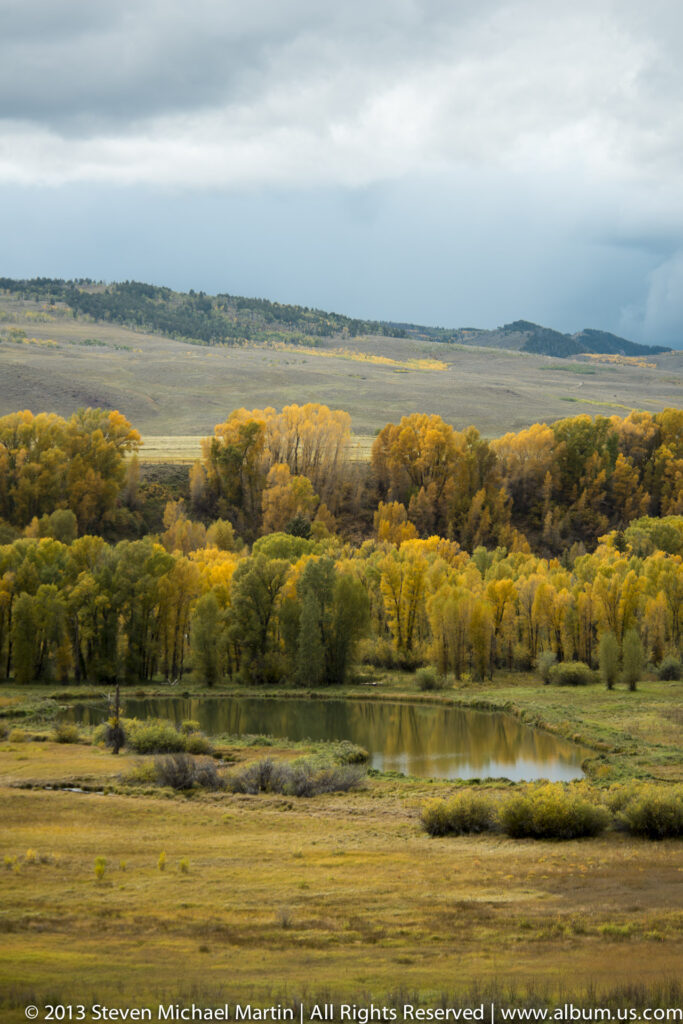 A narrow pond lies among grassy meadow and yellow aspens, with an open ridge beyond under cloudy skies.
