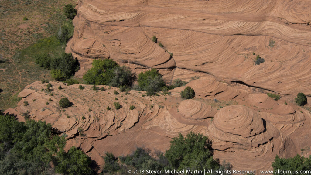 Curved sandstone bands form nested arcs across an exposed slope, with small shrubs growing at the left edge.