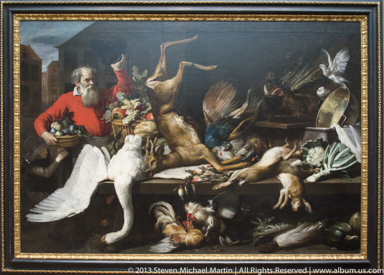 A framed painting shows a bearded man in red beside a crowded display of birds and food against a dark background.