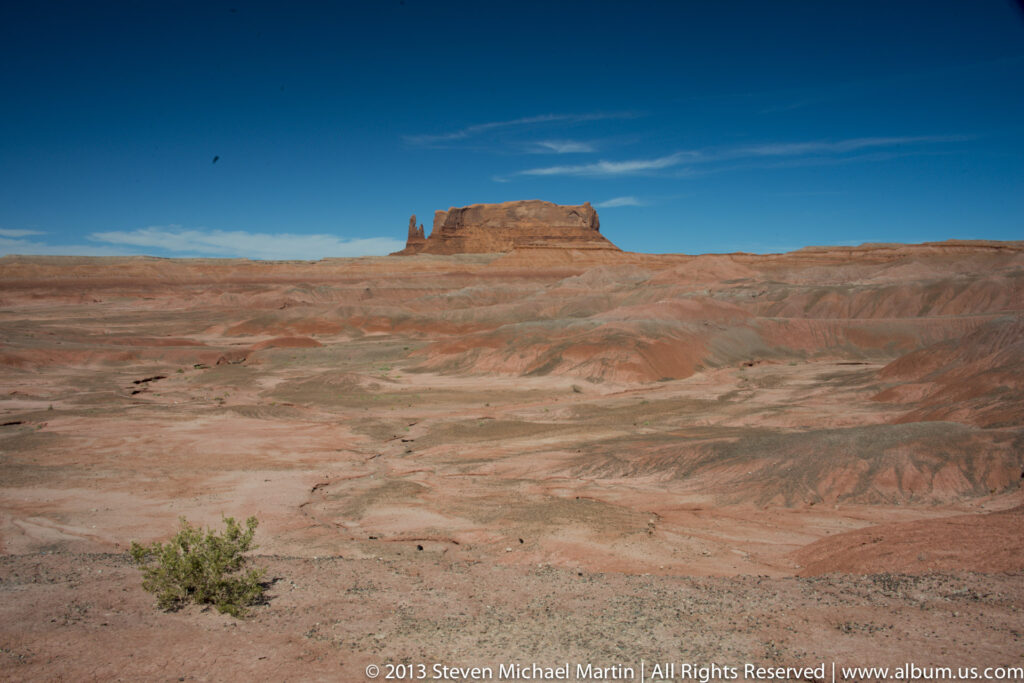 Banded pink and rust badlands lead to a distant mesa and narrow pinnacles, with one shrub in the foreground.