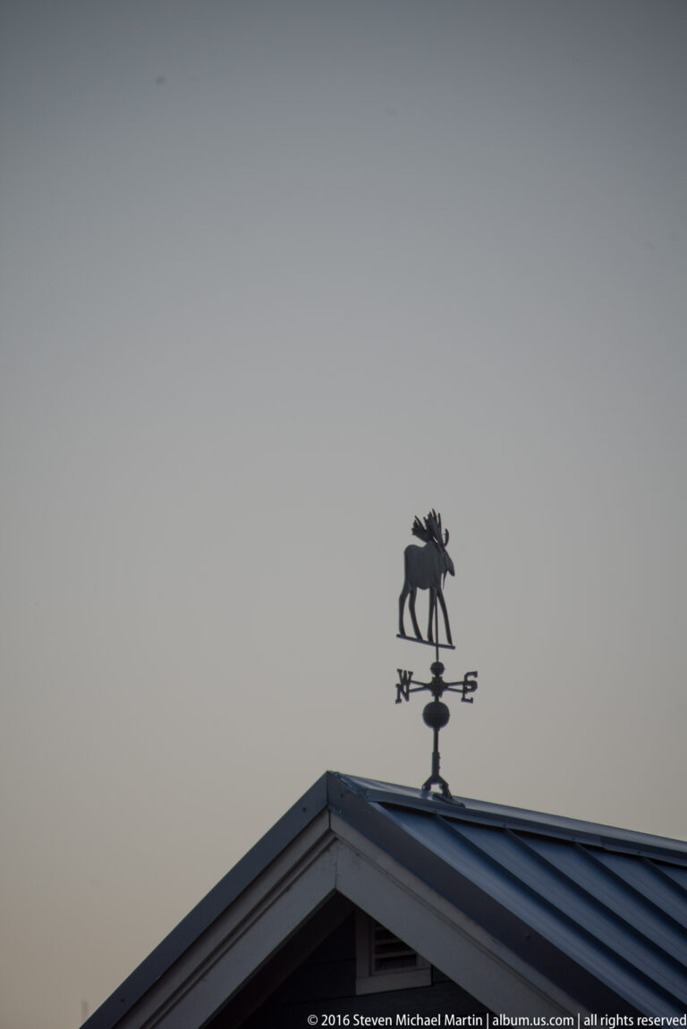 Moose-shaped weather vane and cardinal-direction markers silhouetted above a sharply angled roof against gray sky.