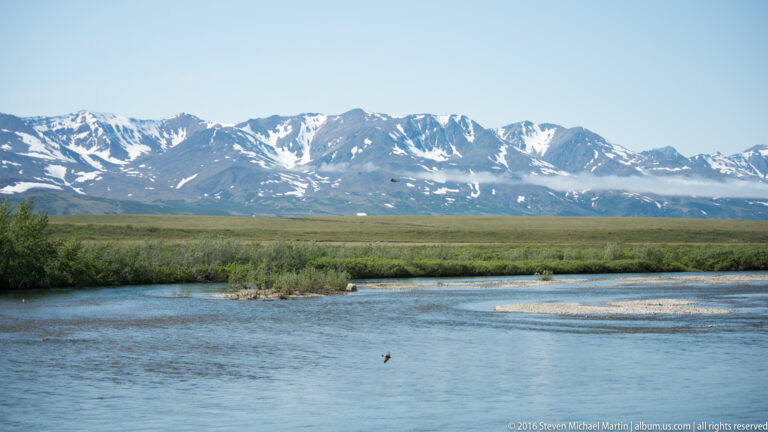 Snow-streaked mountains rise above a broad river with a small bird on the water.