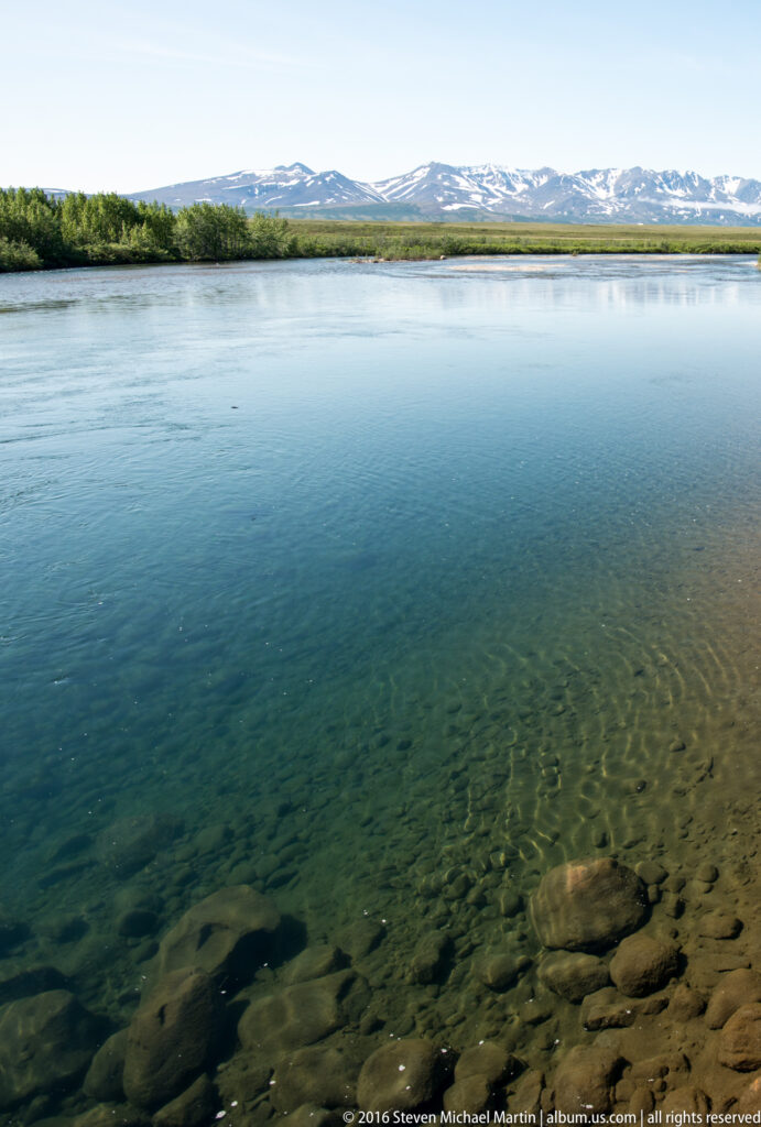 Clear river water reveals stones below, with green tundra and snowy mountains beyond.