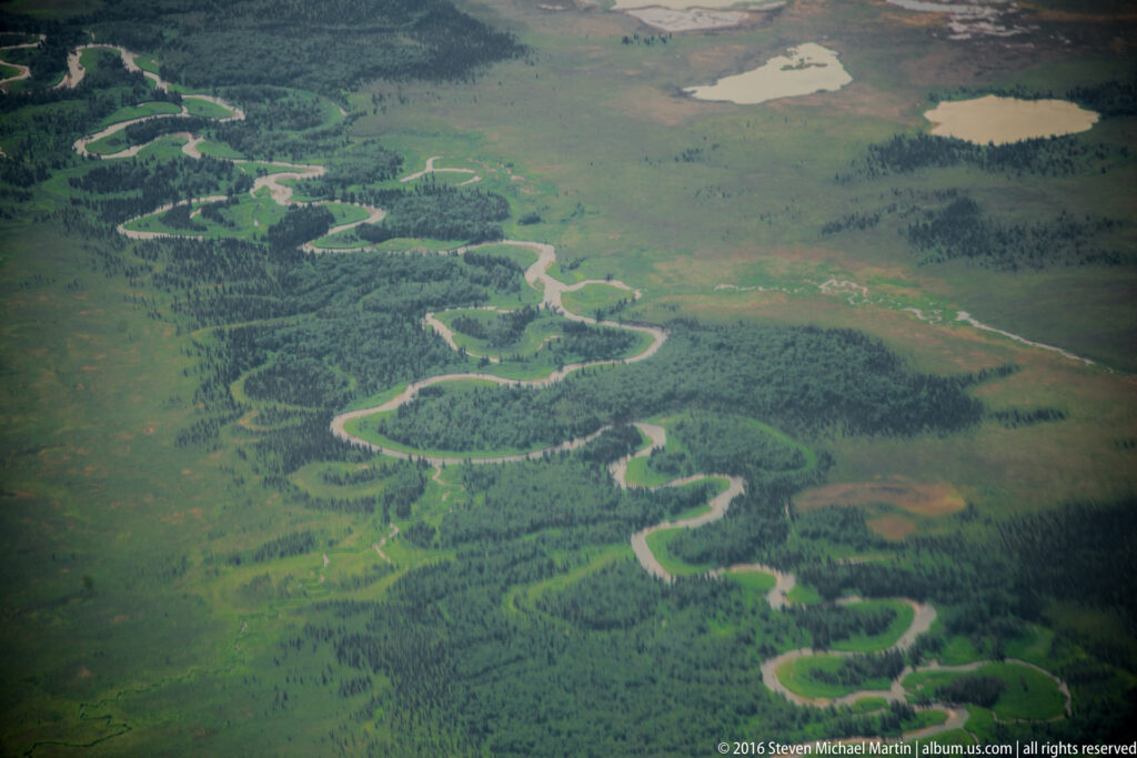 A winding pale river curves through spruce-covered islands, open wetlands, and scattered ponds.