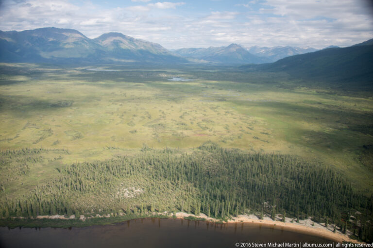 Aerial view across an open tundra valley toward distant mountains, with spruce forest and a narrow lakeshore in the foreground.