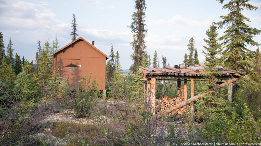Small brown cabin and firewood shelter among spruce trees in a forest clearing.