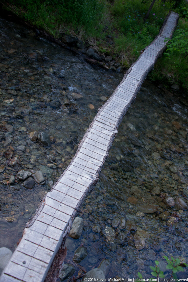 A narrow wooden walkway crosses a shallow rocky stream in a forested setting.