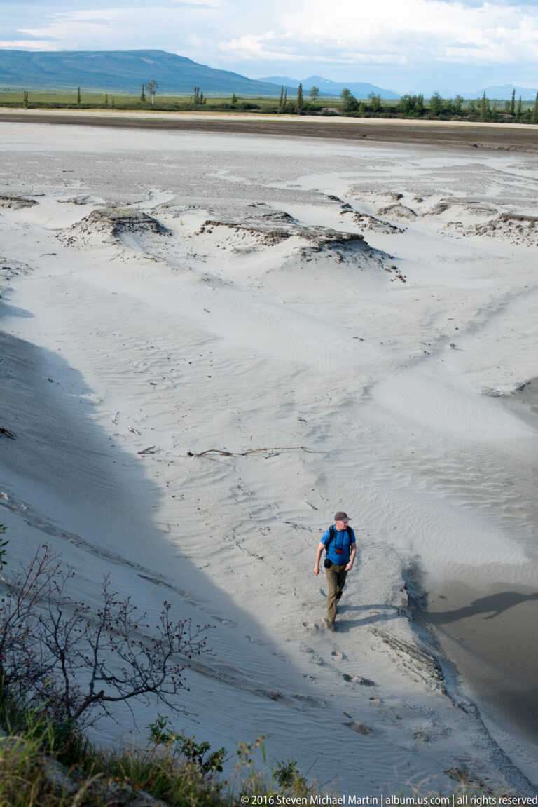 A man in a blue shirt walks through shallow water across a pale sandy flat below the bank.