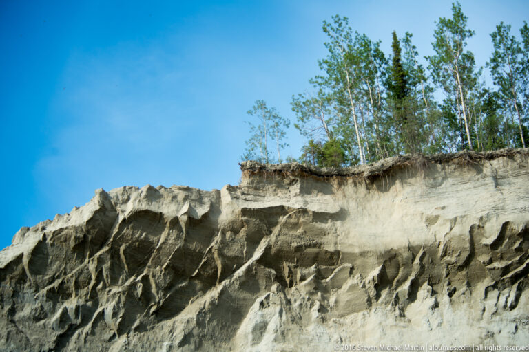A steep pale bluff with grooved sediment and exposed trees rises beneath a clear blue sky.