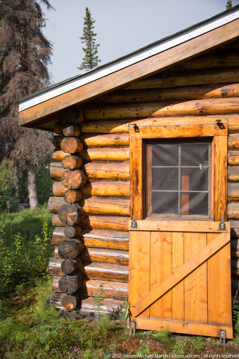 Screened cabin window and open wooden shutter set into a log wall.