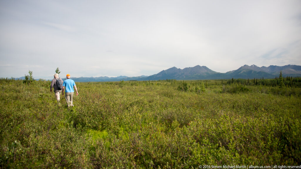 Two hikers walk across low tundra toward distant mountains beneath a cloudy sky.