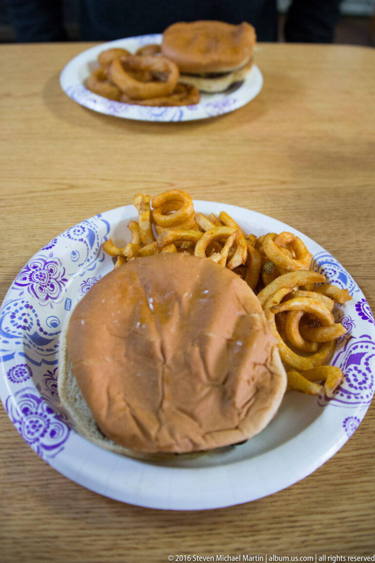Hamburger and fried onion rings on a patterned plate atop a wooden table.