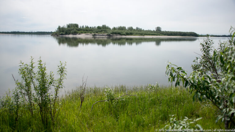 Calm river water reflects a low tree-covered island beyond a grassy bank.