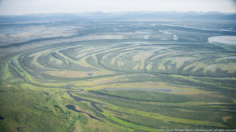 Nested river loops and pale gravel bars form sweeping patterns across a broad green floodplain.