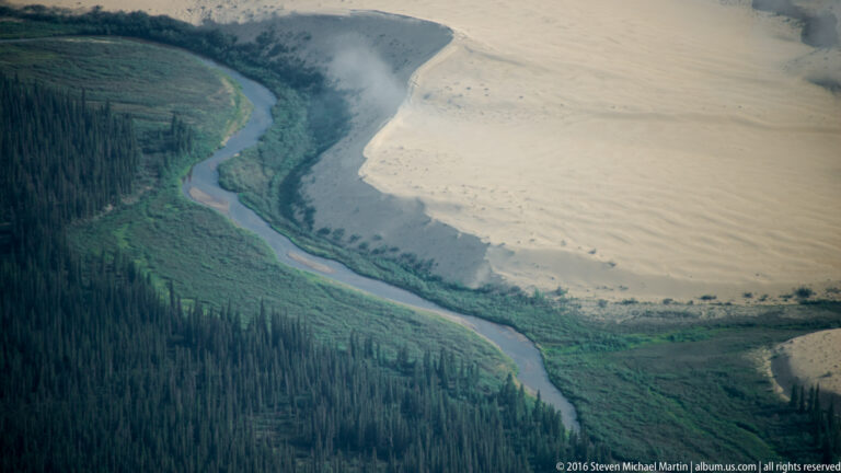A blue-gray river bends along pale dunes, with a narrow green bank and dense conifer forest on the opposite side.