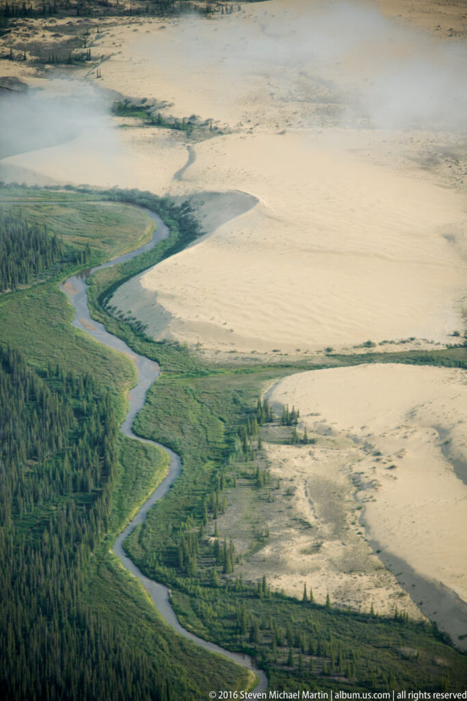 A winding river crosses a pale dune plain beside green wetland and the edge of a dark forest.