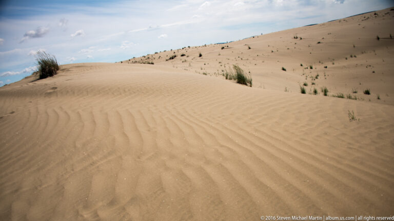 Curved sand ripples fill the foreground beneath scattered grasses on a rising dune.
