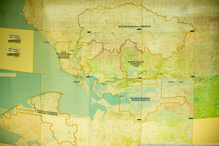 A regional map labels Kobuk Valley, Noatak, Bering Land Bridge, and Cape Krusenstern protected areas.