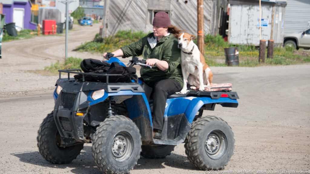 A woman sits on a blue ATV with a white-and-brown dog on the rear rack along a town road.