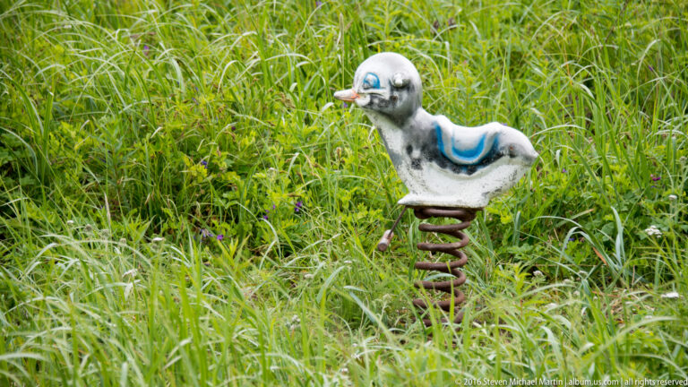 A worn white-and-blue horse toy sits on a metal spring among tall grass and small flowers.