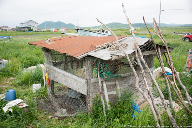 A low mesh-sided shelter with a rust-red roof stands in tall grass near homes and a parked vehicle.