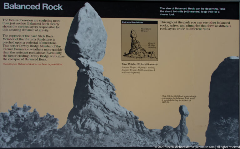 A Balanced Rock exhibit panel pairs a formation photograph with geological diagrams and explanatory text.