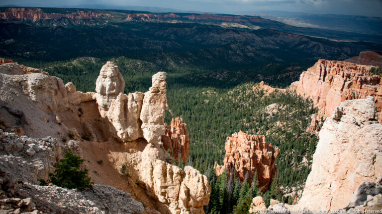 Pale foreground spires overlook orange hoodoos, forested slopes, and distant plateaus beneath clouds.