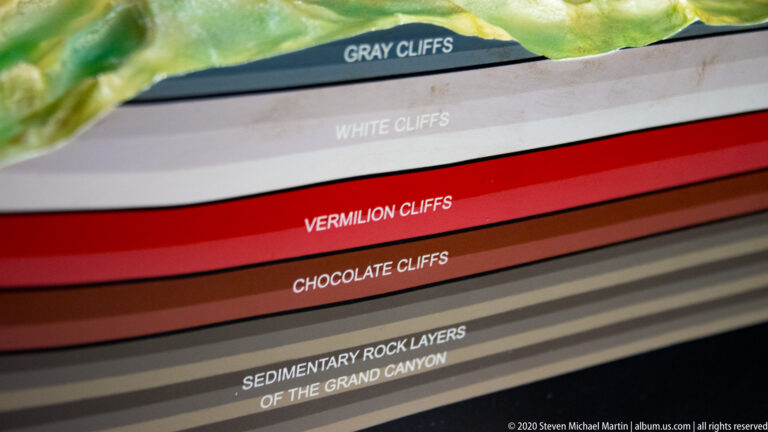 Colored horizontal strata are labeled Gray Cliffs, White Cliffs, Vermilion Cliffs, and Chocolate Cliffs in a geology exhibit.