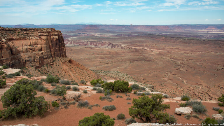 A vegetated sandstone rim overlooks a broad basin of branching canyons and distant mesas.