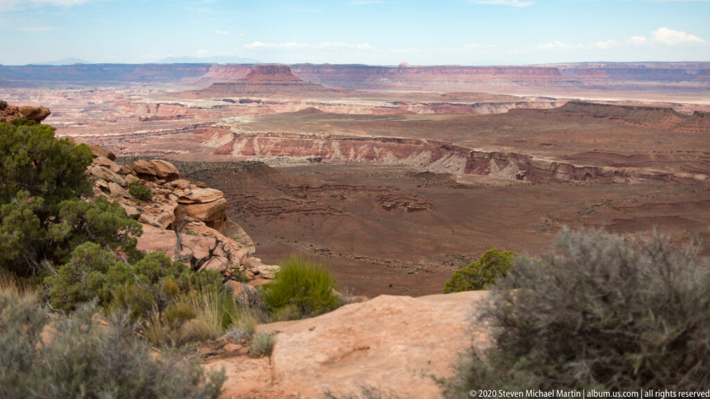 Low shrubs frame a broad panorama of red canyon basins, mesas, and distant plateaus.
